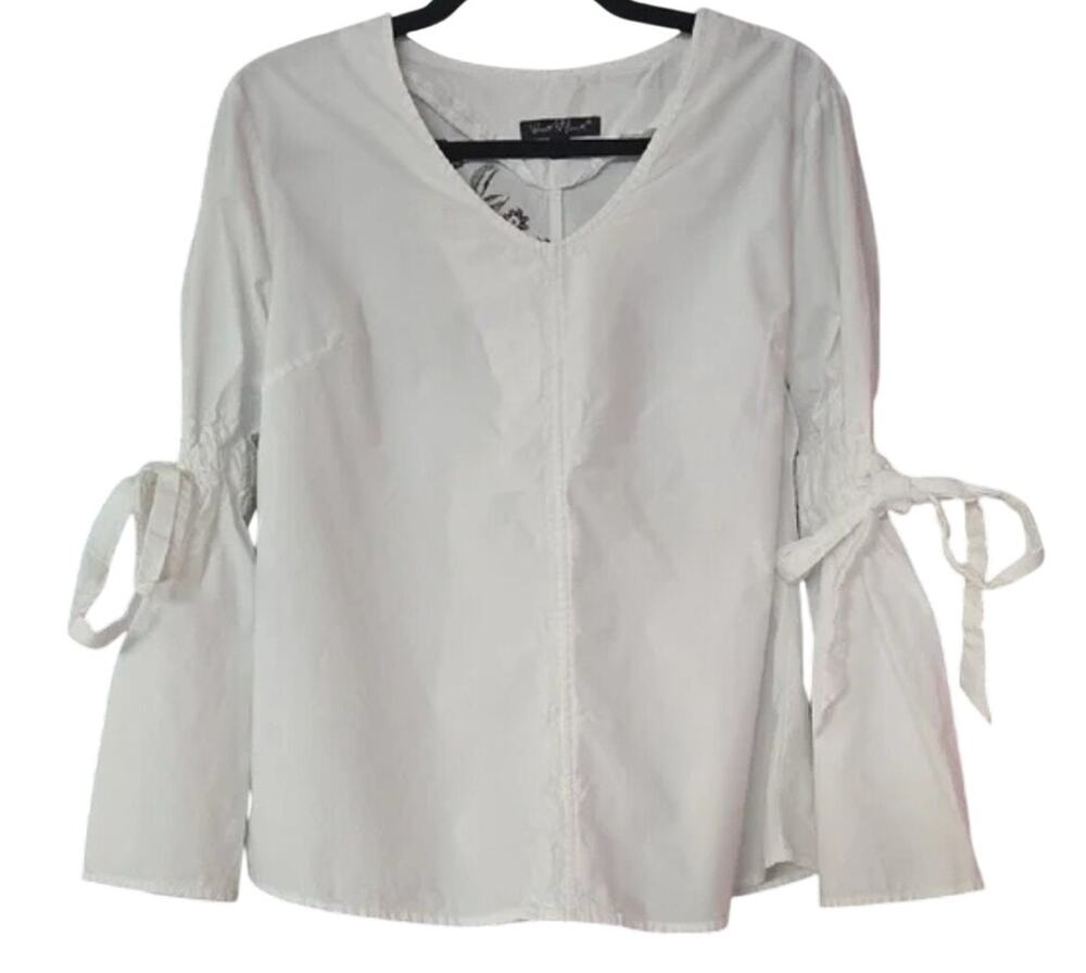 Velvet Heart 100% Cotton Bell Sleeve Top White Floral Embroidery Womens XL